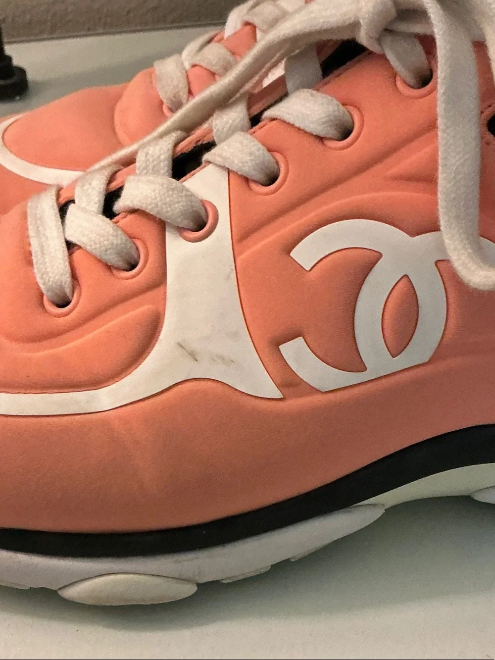 CHANEL Coral/Peach and White CC Logo Lace-Up Sneakers